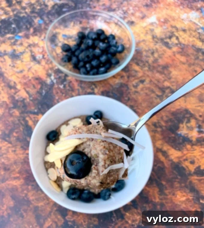 A person holding a spoon of keto hemp oatmeal with berries