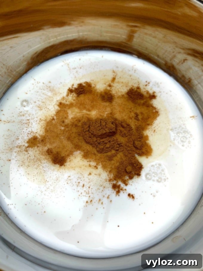 Almond milk and cinnamon warming in a pan