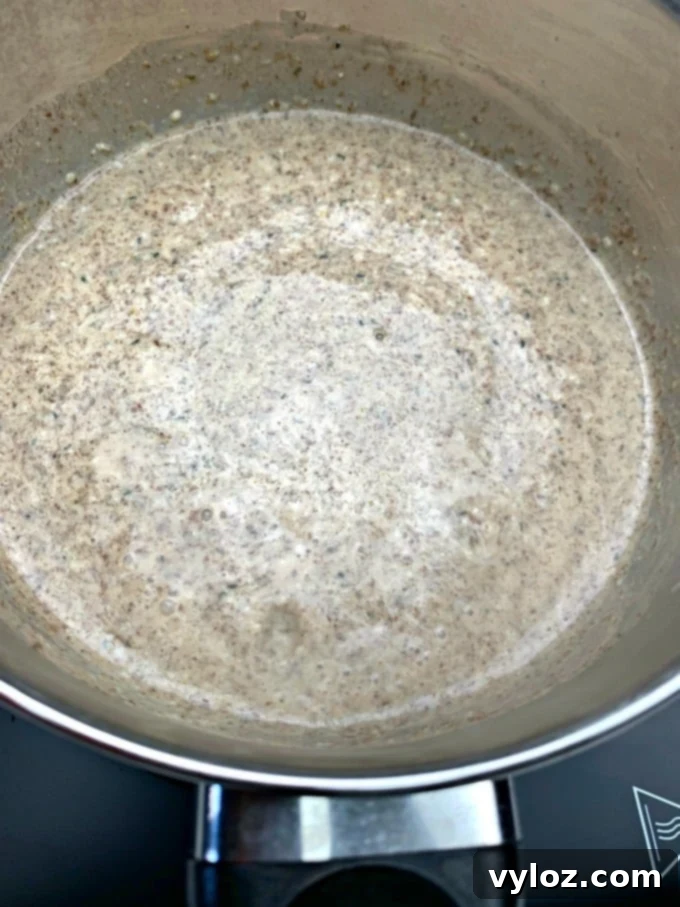 Uncooked keto hemp oatmeal with blueberries, almonds, and coconut in a pan, stirring