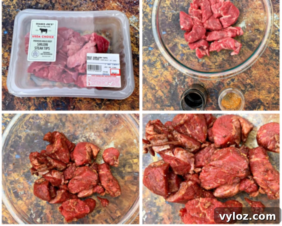 Raw sirloin steak in packaging and marinated steak strips in a bowl