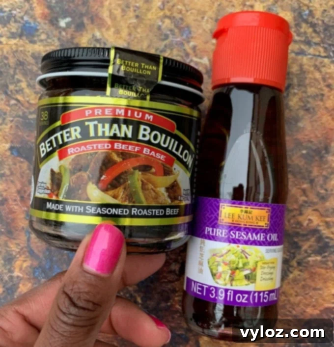 Better Than Bouillon beef base and sesame oil, essential stir fry ingredients