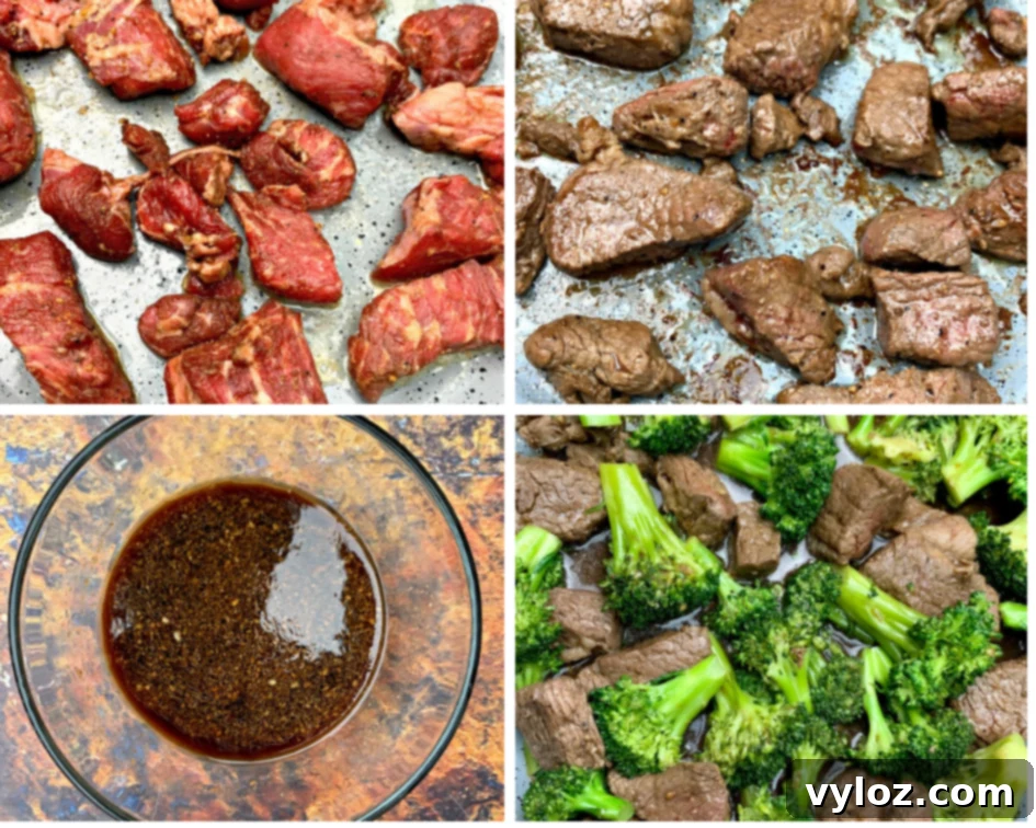 Raw steak and cooked steak in a skillet, stir fry sauce in a bowl, and beef and broccoli simmering in a skillet