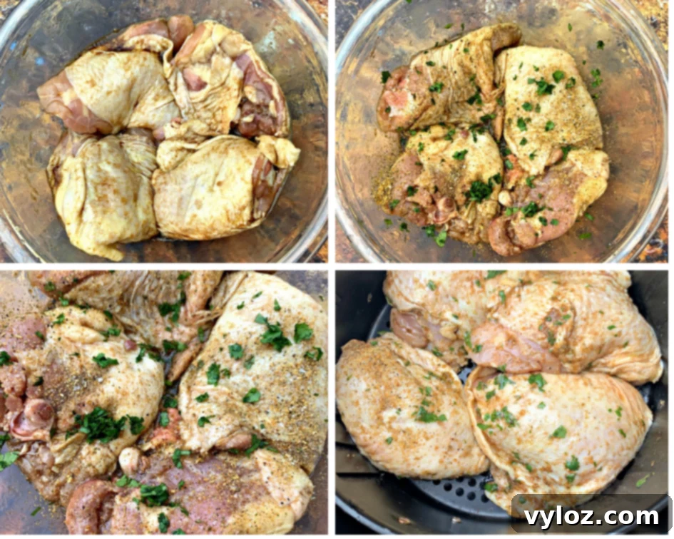 Raw chicken thighs seasoned with cilantro and lime in a glass bowl, ready for marination