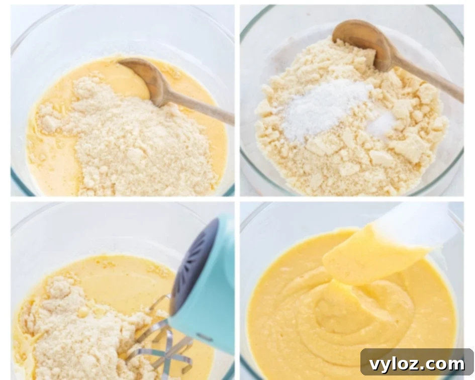 a collage photo showing how to combine butter, eggs, and almond flour for keto cake mix