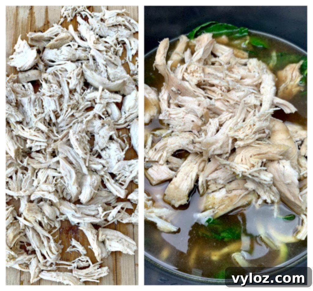 Keto Low Carb Instant Pot Chicken Zoodle Soup 6 shredded chicken on a cutting board and in an instant pot