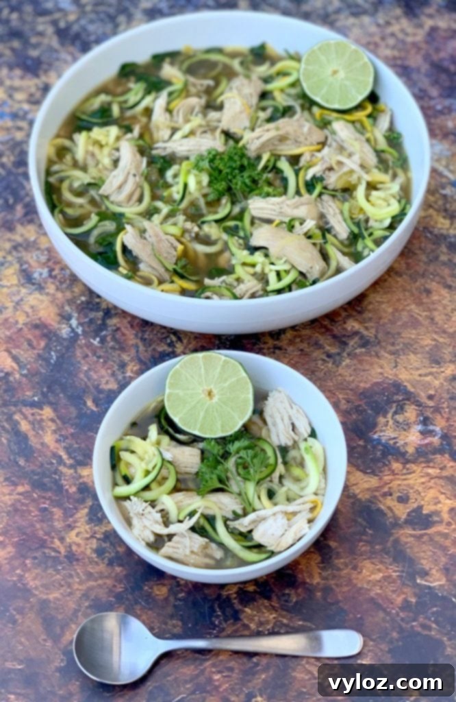 Keto Low Carb Instant Pot Chicken Zoodle Soup 7 keto low carb chicken noodle soup with zucchini noodles in white bowls