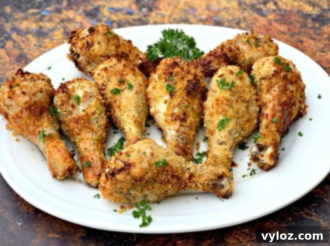 Air fryer chicken drumsticks on a white plate, golden and crispy.
