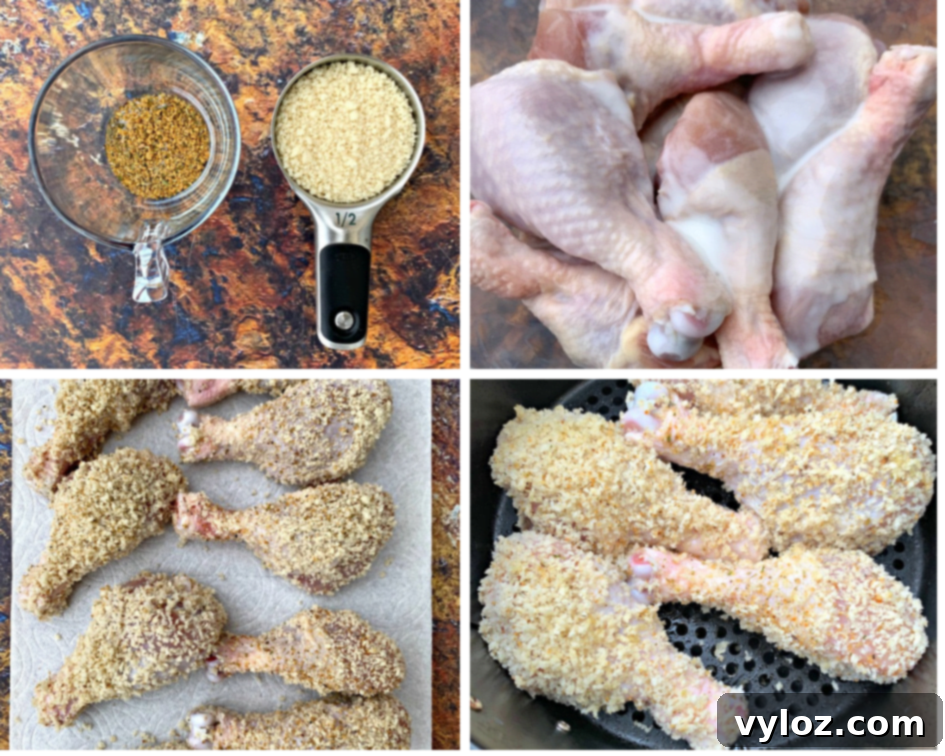 Ingredients for air fryer chicken drumsticks in a glass bowl, including panko and seasoning.