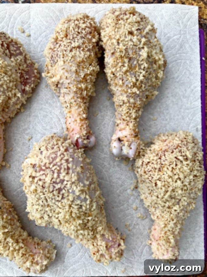 Raw panko breaded chicken drumsticks ready for the air fryer.