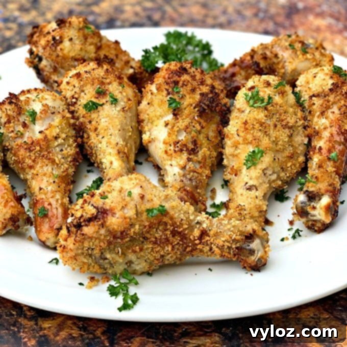 Delicious air fryer chicken drumsticks served on a white plate.