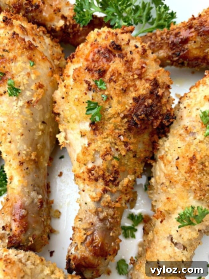 Close-up of golden brown air fryer chicken drumsticks.