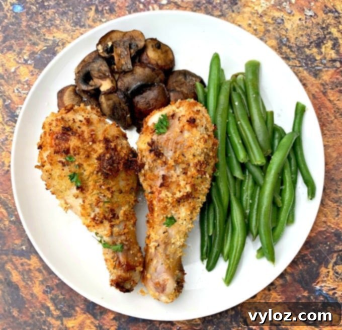Air fryer chicken drumsticks with green beans and mushrooms on a white plate.