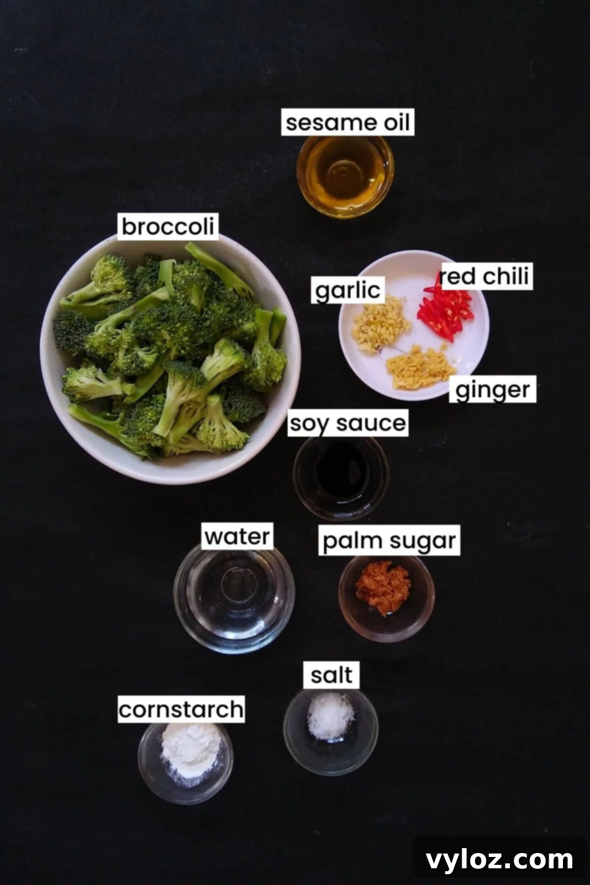 Image showing stir fried broccoli ingredients on a black background.