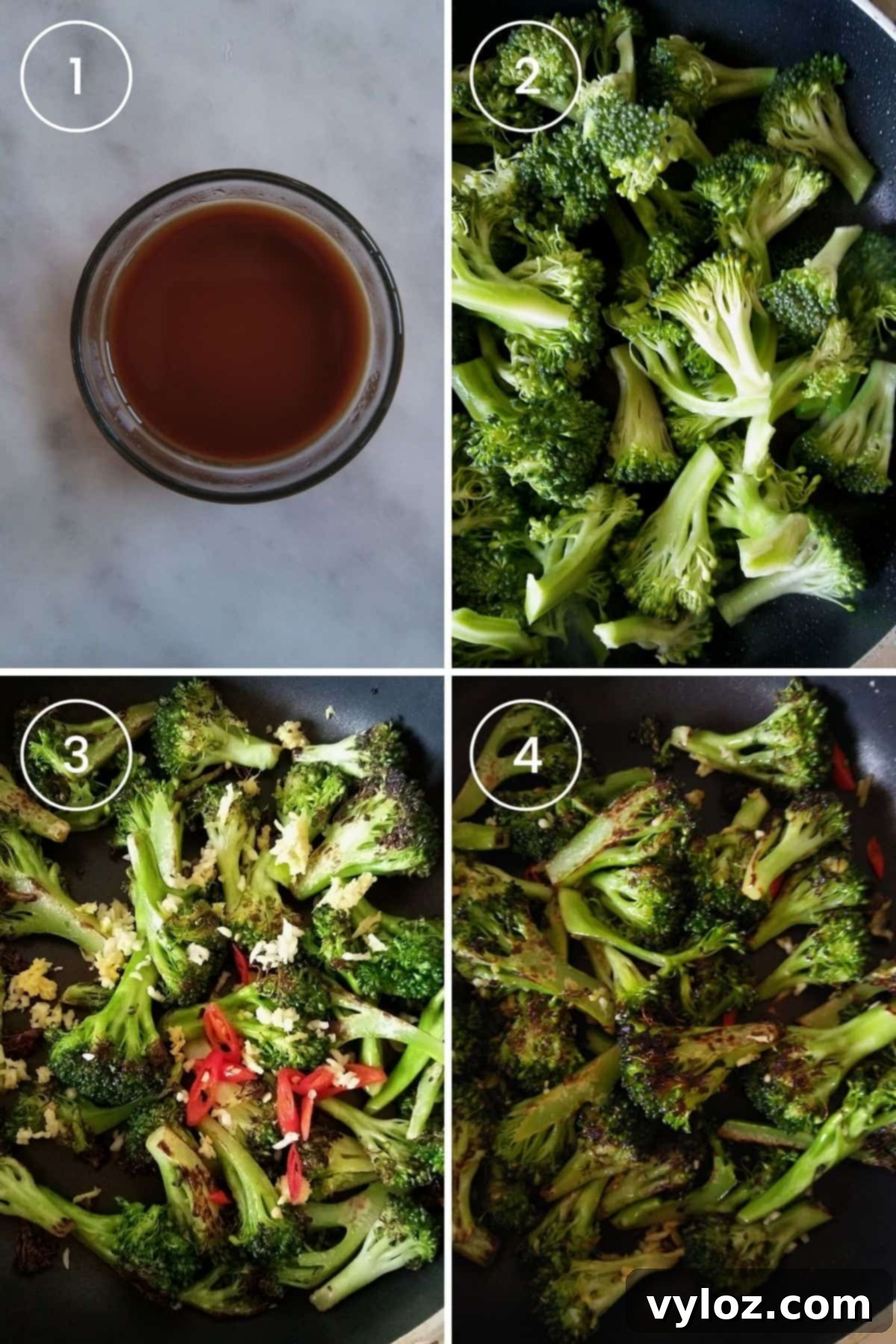 Four images showing preparing the sauce, sautéing broccoli, adding seasoning and sauce, and sautéing everything together.