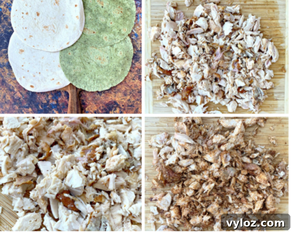 Flour tortilla shells neatly stacked on a cutting board, beside a bowl of cooked, shredded chicken ready for quesadilla assembly