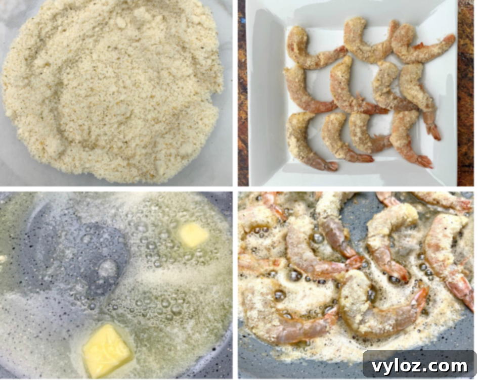 Three stages of preparing keto low carb breaded shrimp: raw shrimp coated in almond flour, butter melting in a hot skillet, and shrimp frying to a golden crisp in a pan with oil