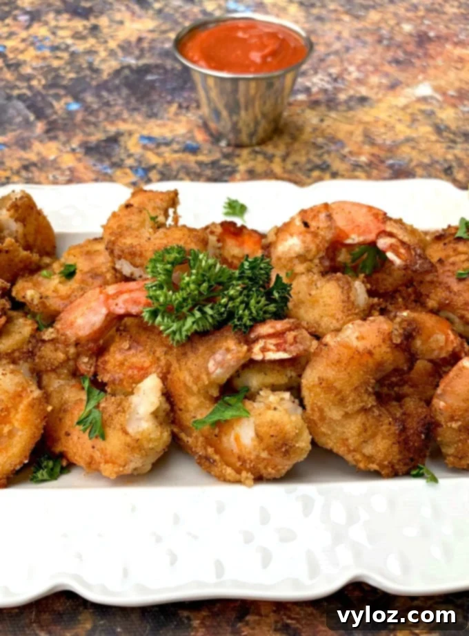 Keto low carb breaded shrimp perfectly arranged on a white plate with fresh lemon slices and parsley garnish