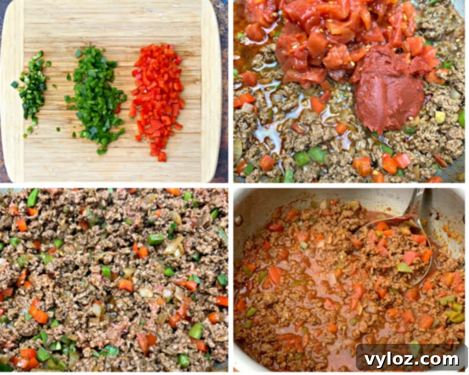 Close-up view of fresh chopped vegetables and various spices on a cutting board, prepared as ingredients for a hearty keto beef chili.