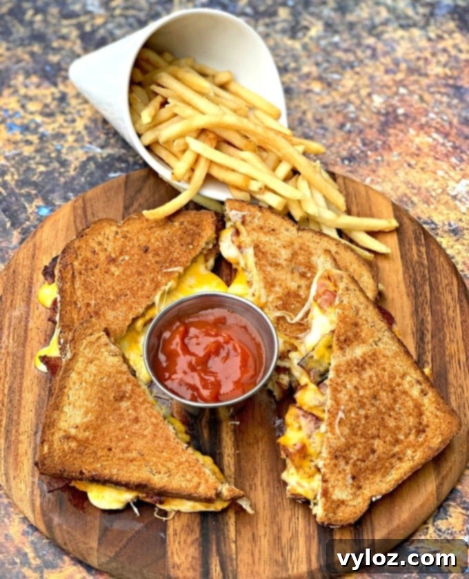 Crispy Air Fryer Grilled Cheese 2 Crispy air fryer bacon grilled cheese sandwiches sliced in half, served with a side of golden french fries