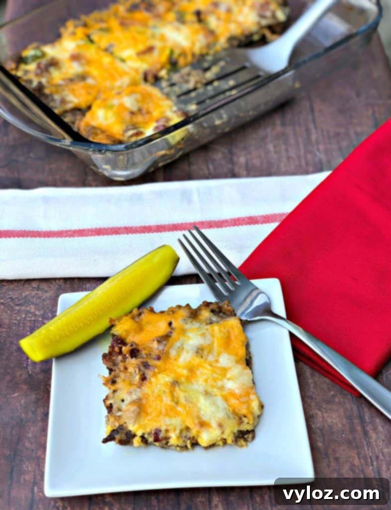Keto cheeseburger casserole with pickle, a family-friendly dish perfect with Butcher Box ground beef.
