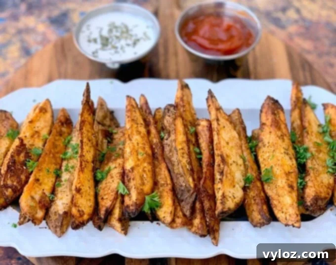 air fryer potato wedges on a white plate with ketchup and mayo