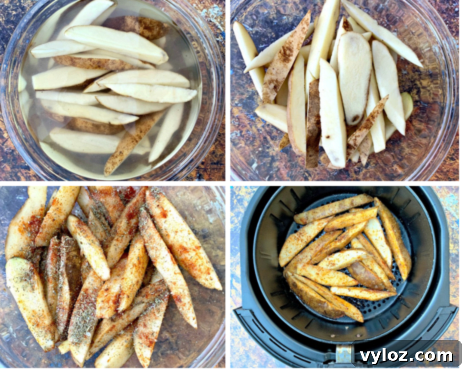 sliced potatoes in water and a clear bowl and in an air fryer