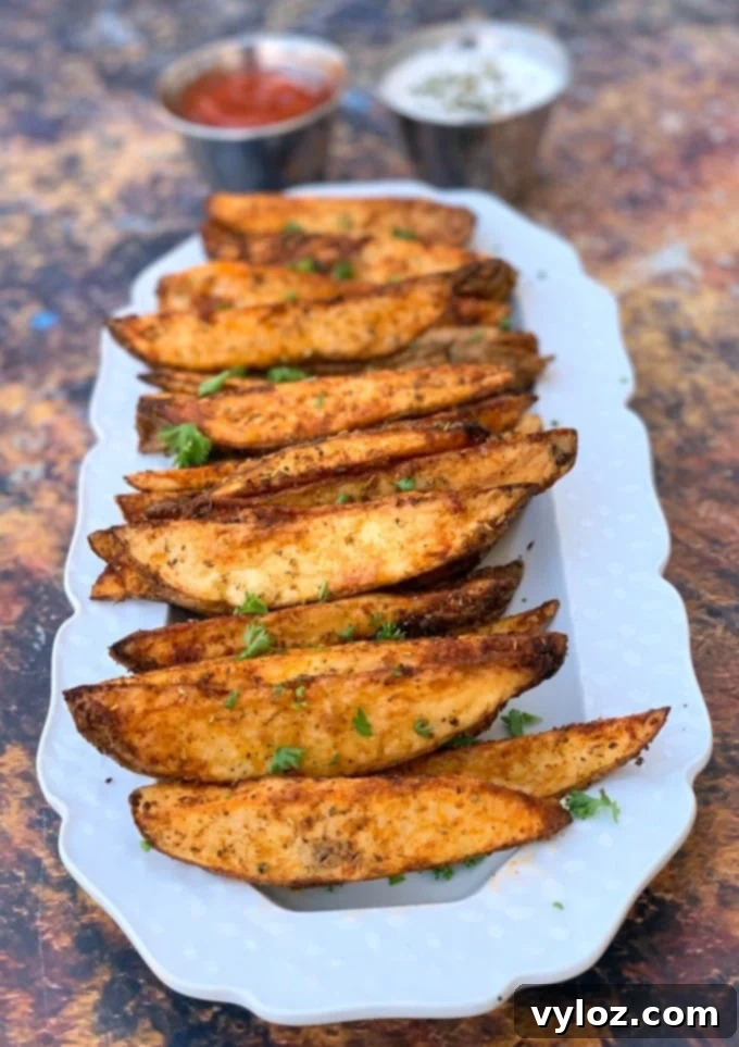 air fryer potato wedges on a white plate with ketchup and mayo