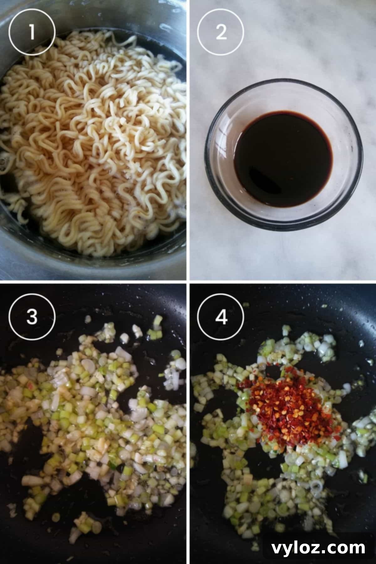 A collage of four images illustrating the cooking process for spicy ramen: boiling ramen noodles, mixing ingredients for the sauce, sautéing chopped onion and garlic, and finally, adding red chili flakes to the pan.