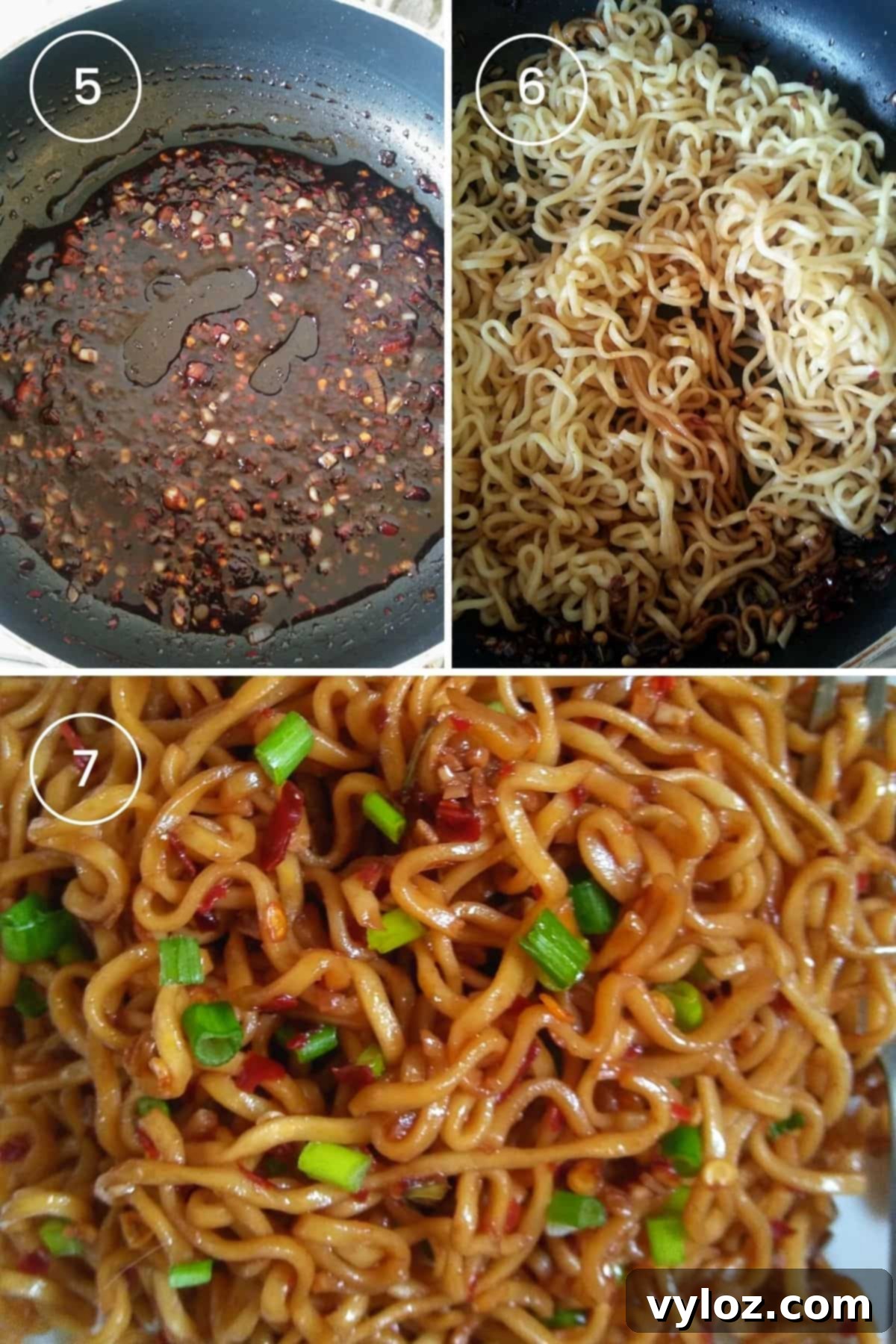 A series of three images illustrating the final steps of preparing spicy ramen: the rich, red sauce simmering in a pan, ramen noodles being added to the sauce, and everything being expertly sautéed and combined.