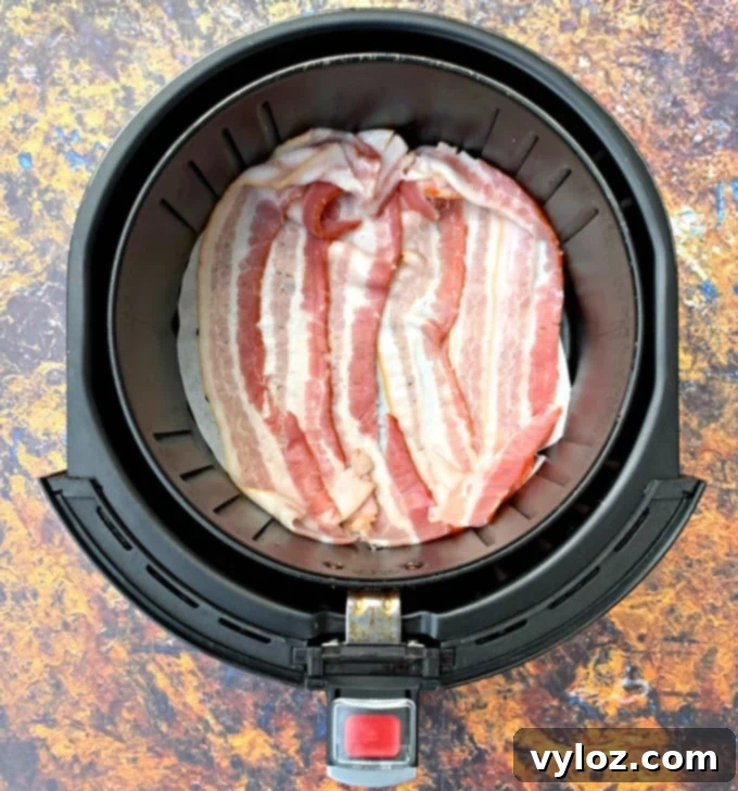 Uncooked bacon arranged neatly in an air fryer basket on parchment paper.
