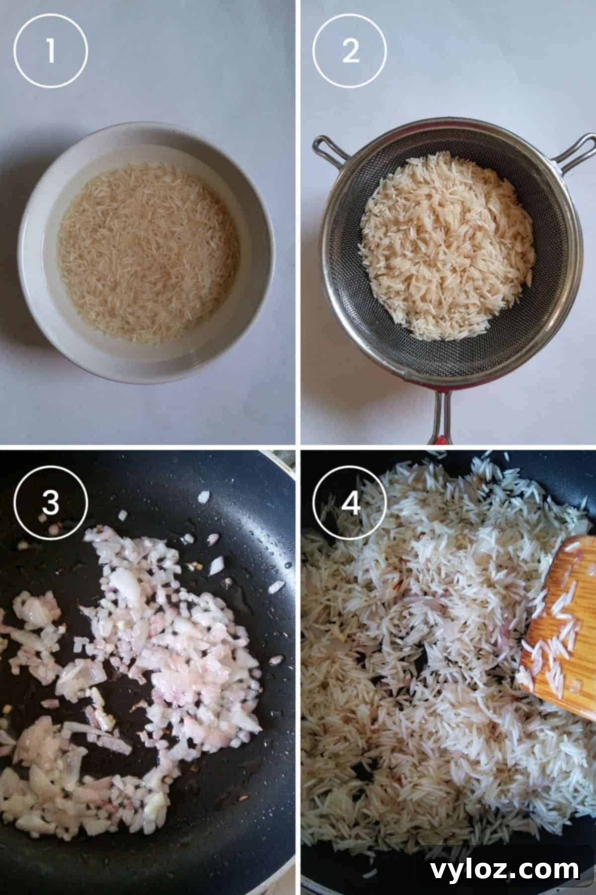 A four-part image illustrating the key preparation steps for Spanish rice: soaking, draining, sautéing onion and garlic, and gently toasting the drained rice.