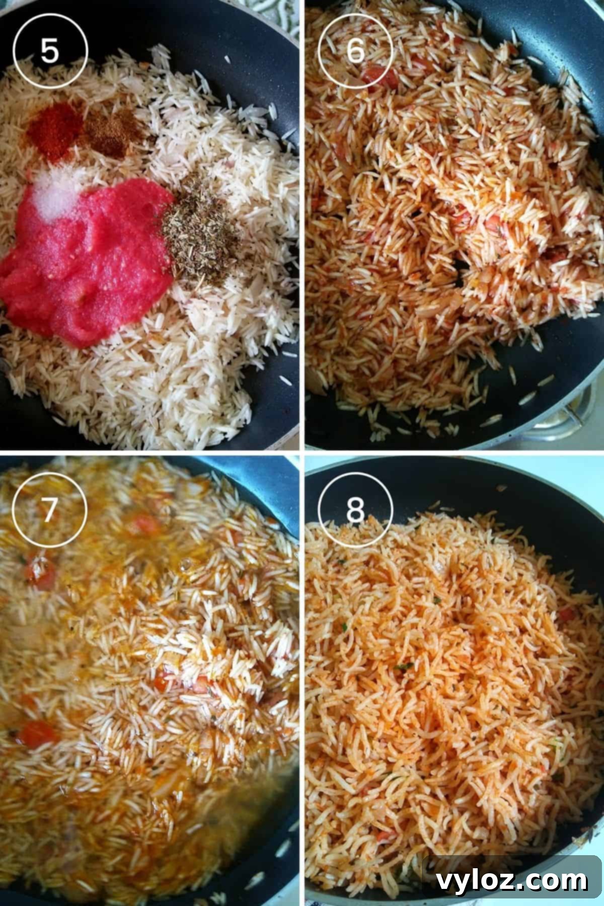 A four-part image sequence showing Spanish rice cooking: sautéing with tomatoes and spices, simmering with stock, and finally, a close-up of the fluffy cooked rice.