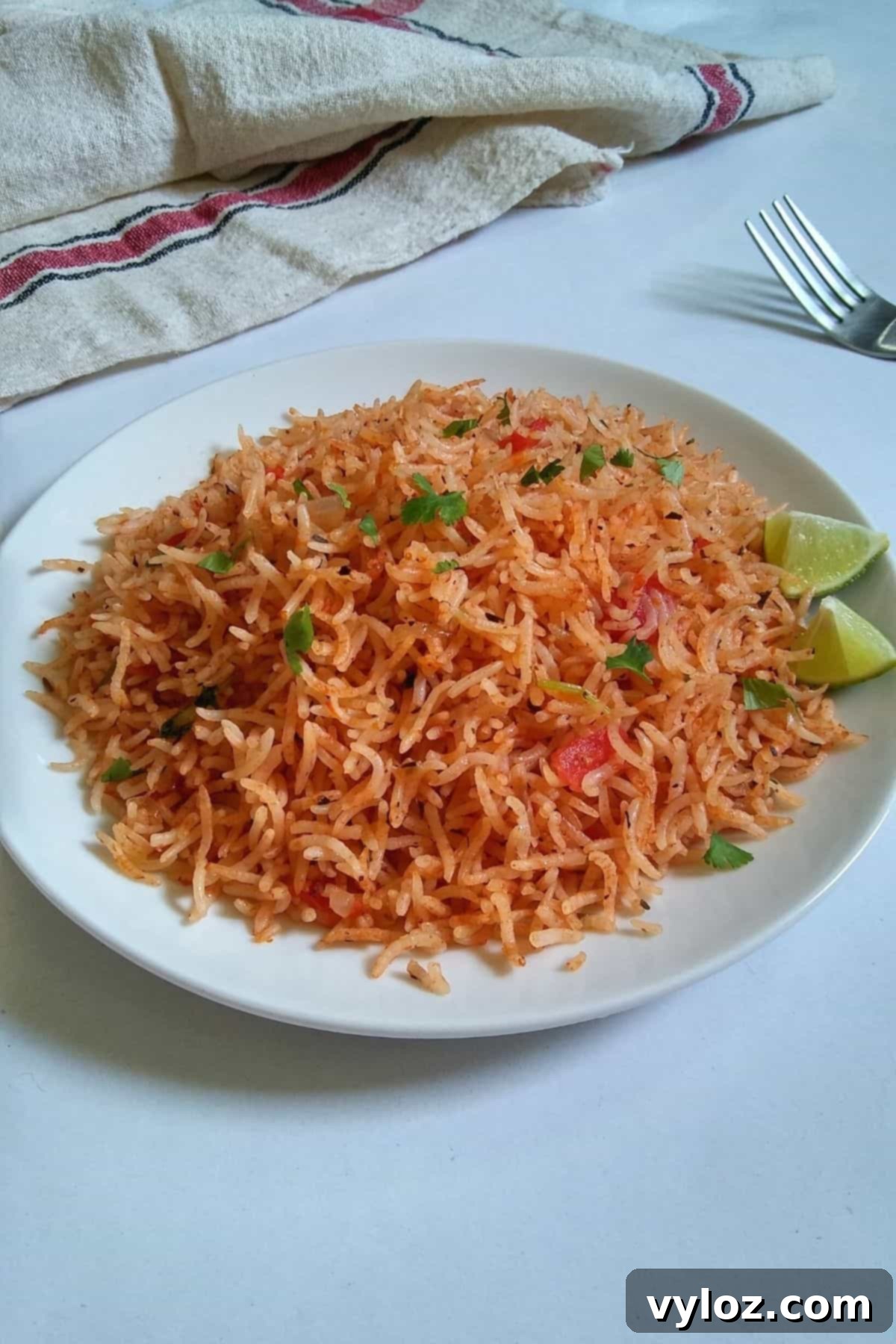 A beautiful image showcasing vibrant tomato-flavored Spanish rice, perfectly cooked and served on a pristine white plate, ready to be enjoyed.