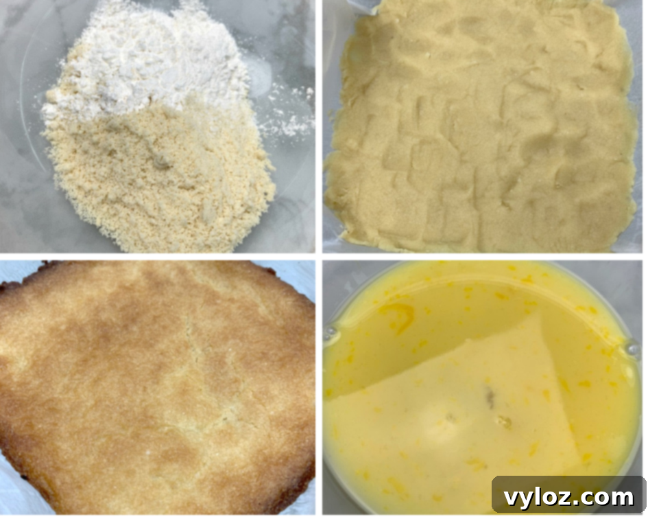 Simple Zesty Keto Lemon Bars 6 Dough and batter for keto lemon bars, dough pressed in a pan and filling in a glass bowl