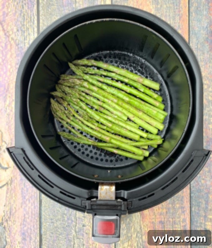 Seasoned raw asparagus arranged in an air fryer basket