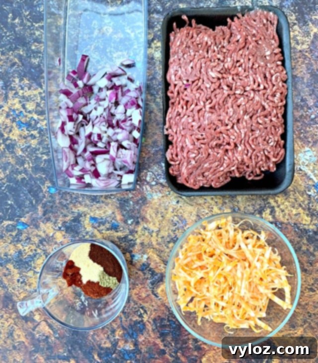 30 Minute Taco Bowl 3 chopped onions, ground beef, shredded cheese, and taco seasonings