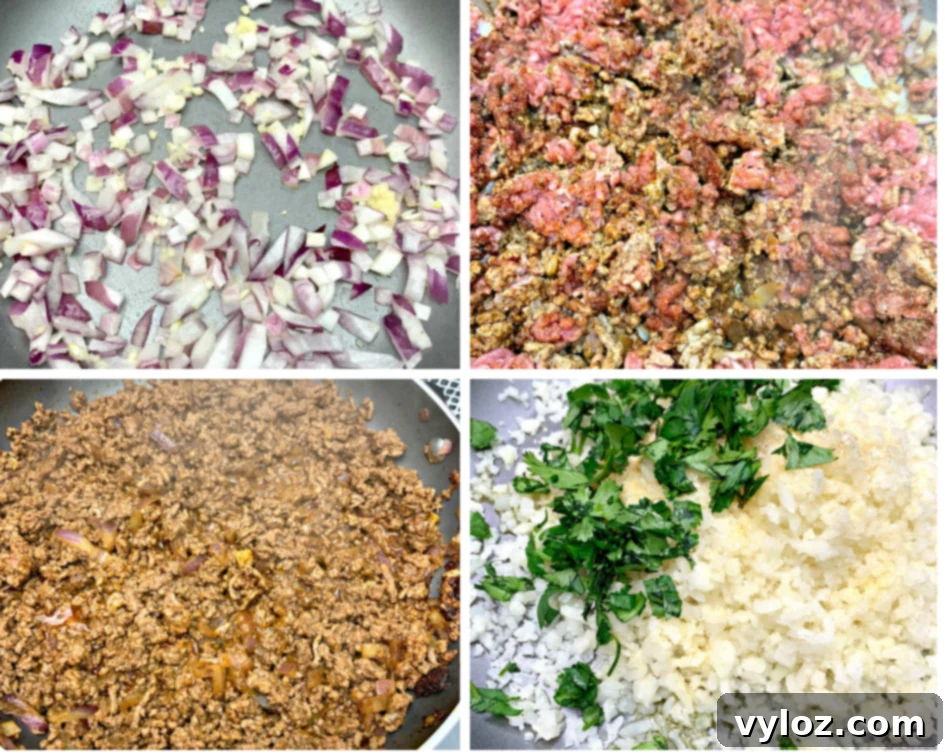 30 Minute Taco Bowl 4 4 photos in one collage, chopped onions and garlic in a skillet, raw ground beef in a skillet, cooked ground beef in a skillet, and rice cauliflower with cilantro
