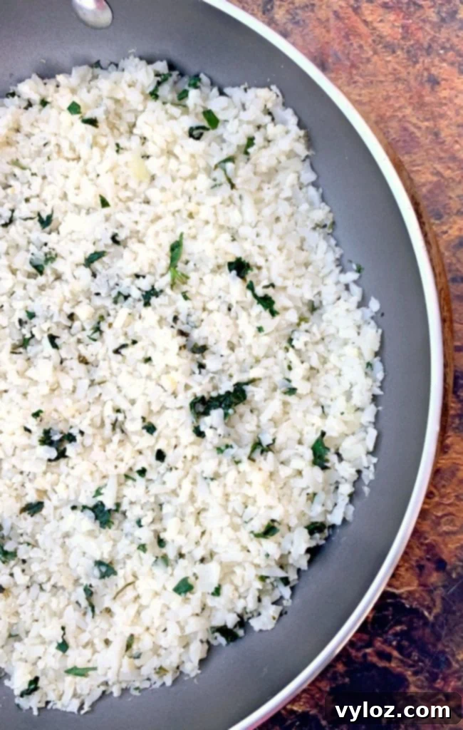 cilantro lime cauliflower rice in a skillet
