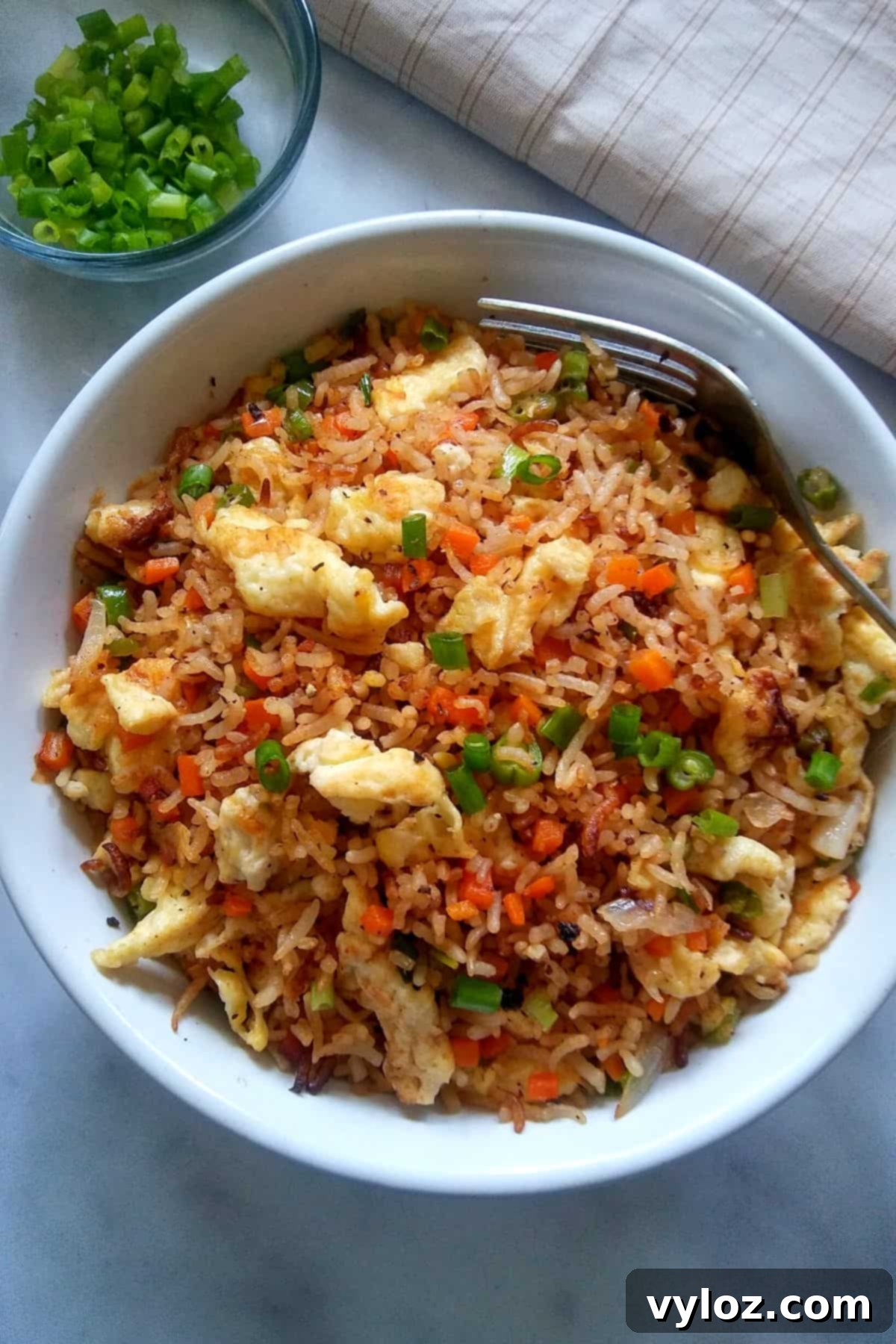 Image showing vibrant looking egg fried rice served in a white bowl.