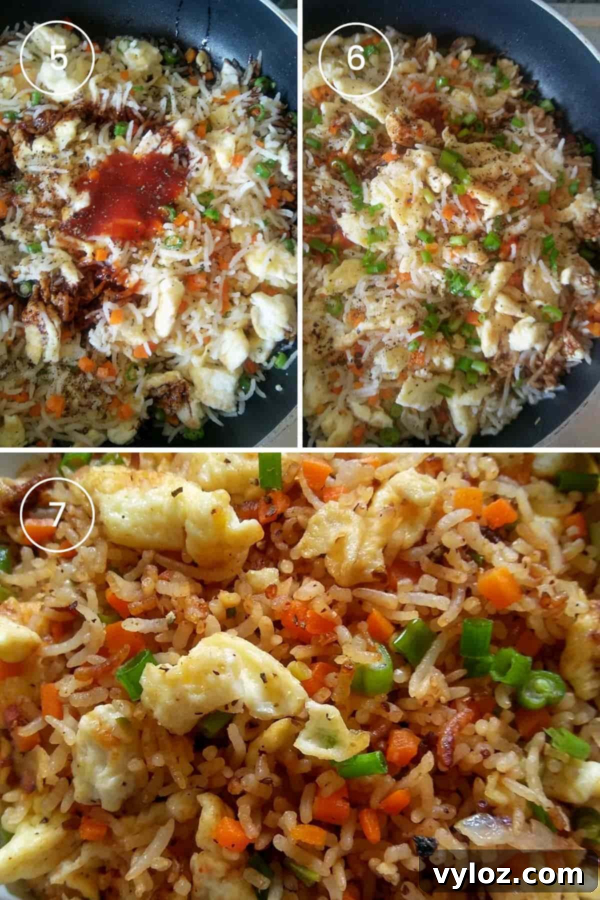 Three images showing sautéing the rice with scrambled eggs, sauces, and seasoning. 