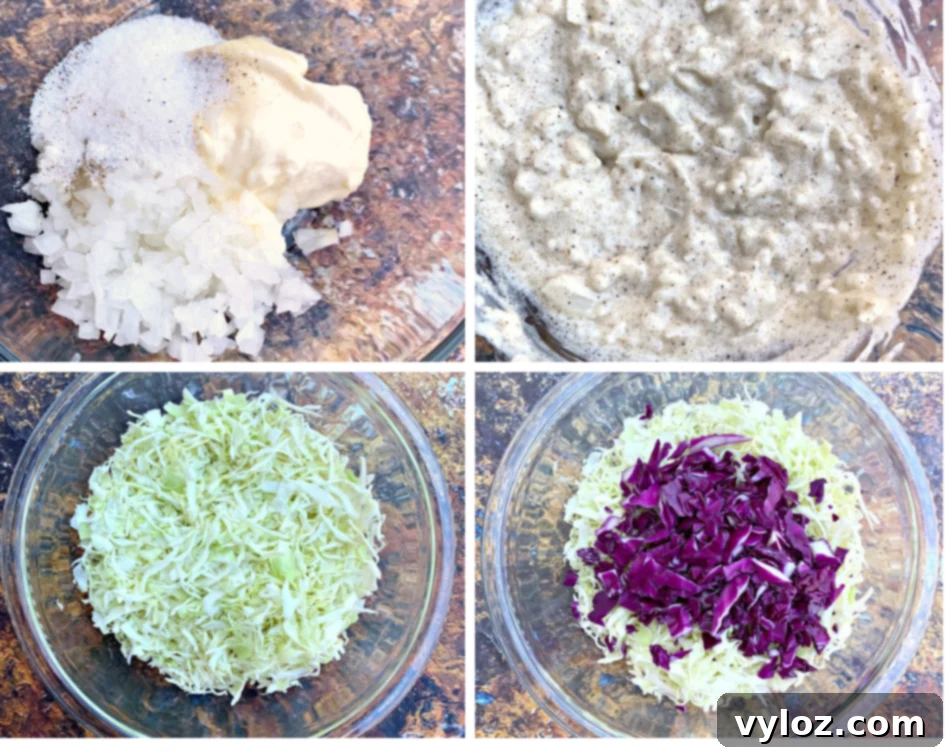 mayo and onions, mixed mayo onions, and seasoning, keto colelslaw in a glass bowl