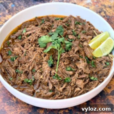 Instant Pot Chipotle Barbacoa Beef 13 Instant Pot keto low carb barbacoa beef in a white bowl, ready to serve with garnishes
