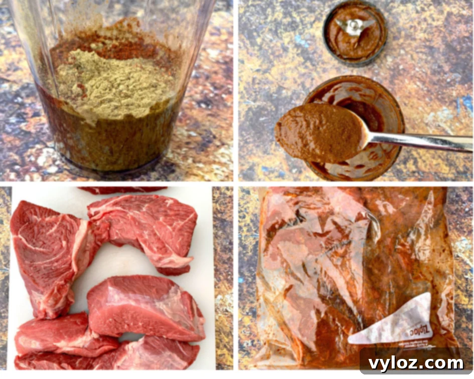 Instant Pot Chipotle Barbacoa Beef 5 A collage photo showing raw beef chuck roast and barbacoa seasoning blending in an Instant Pot
