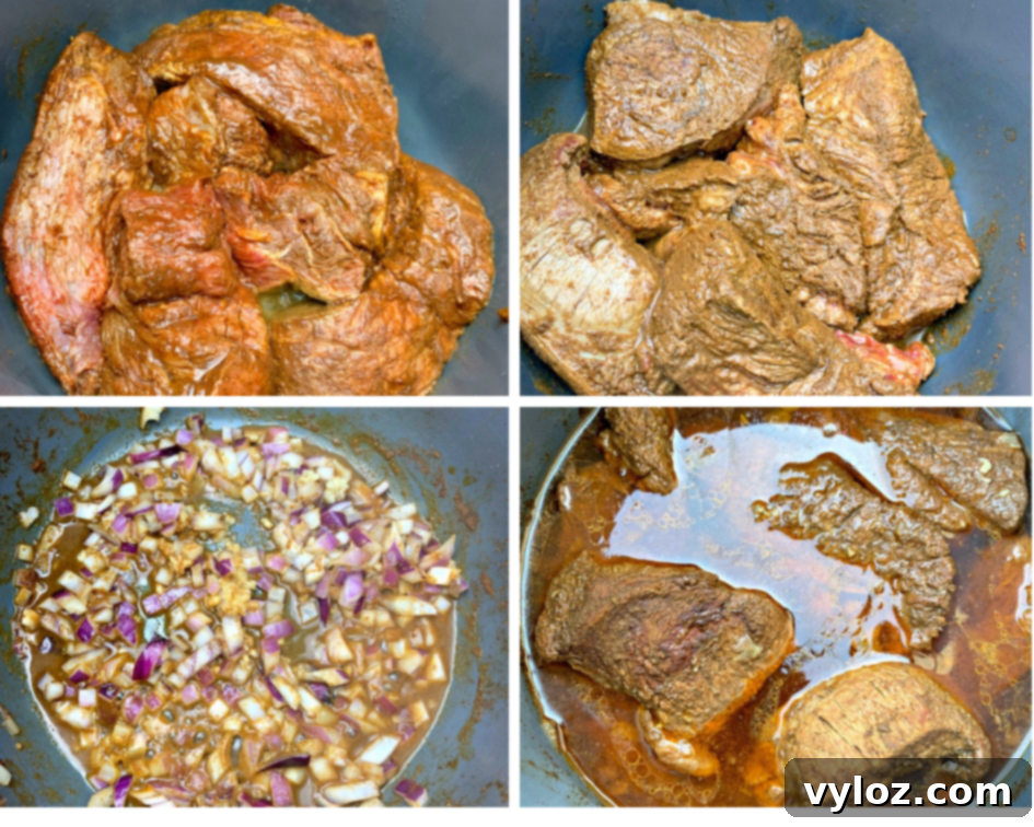 Instant Pot Chipotle Barbacoa Beef 6 A collage photo showing raw beef chuck roast in an Instant Pot with chopped onions and garlic ready for cooking