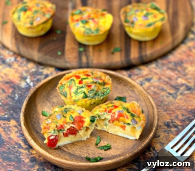Delicious and healthy keto-friendly, low-carb Air Fryer Egg Bites cups, studded with colorful vegetables and bacon, presented on a brown plate.