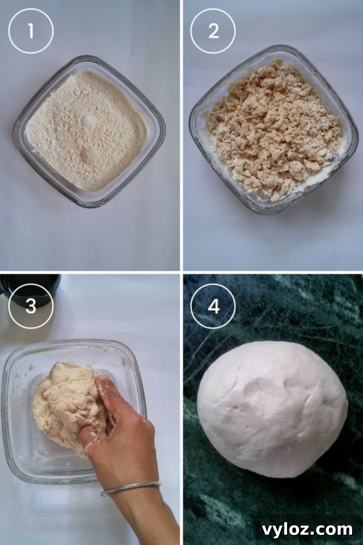 4 images showing combining and kneading the scallion pancake dough.