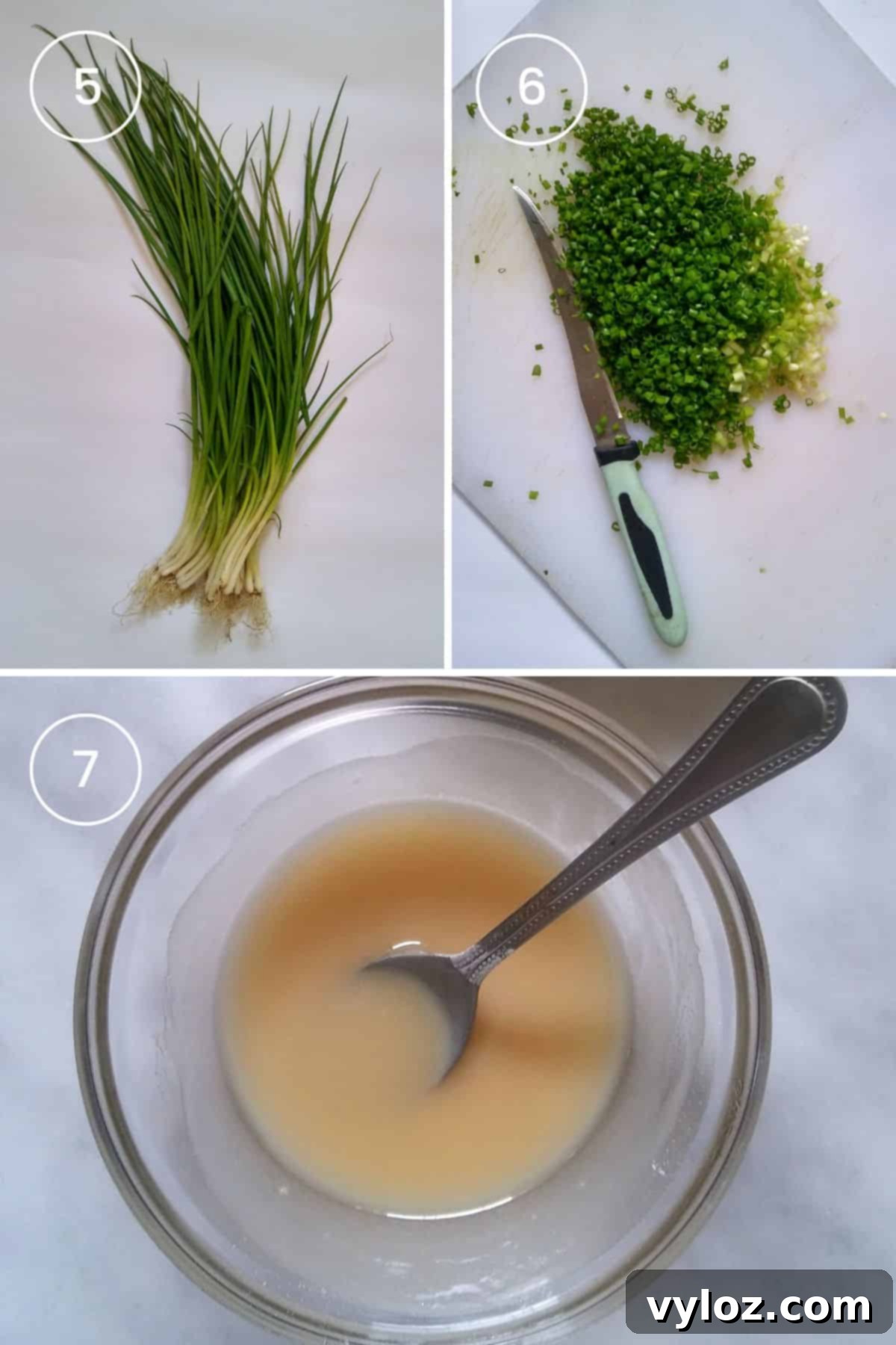 3 images showing cutting the scallions and preparing the oil, flour mixture.