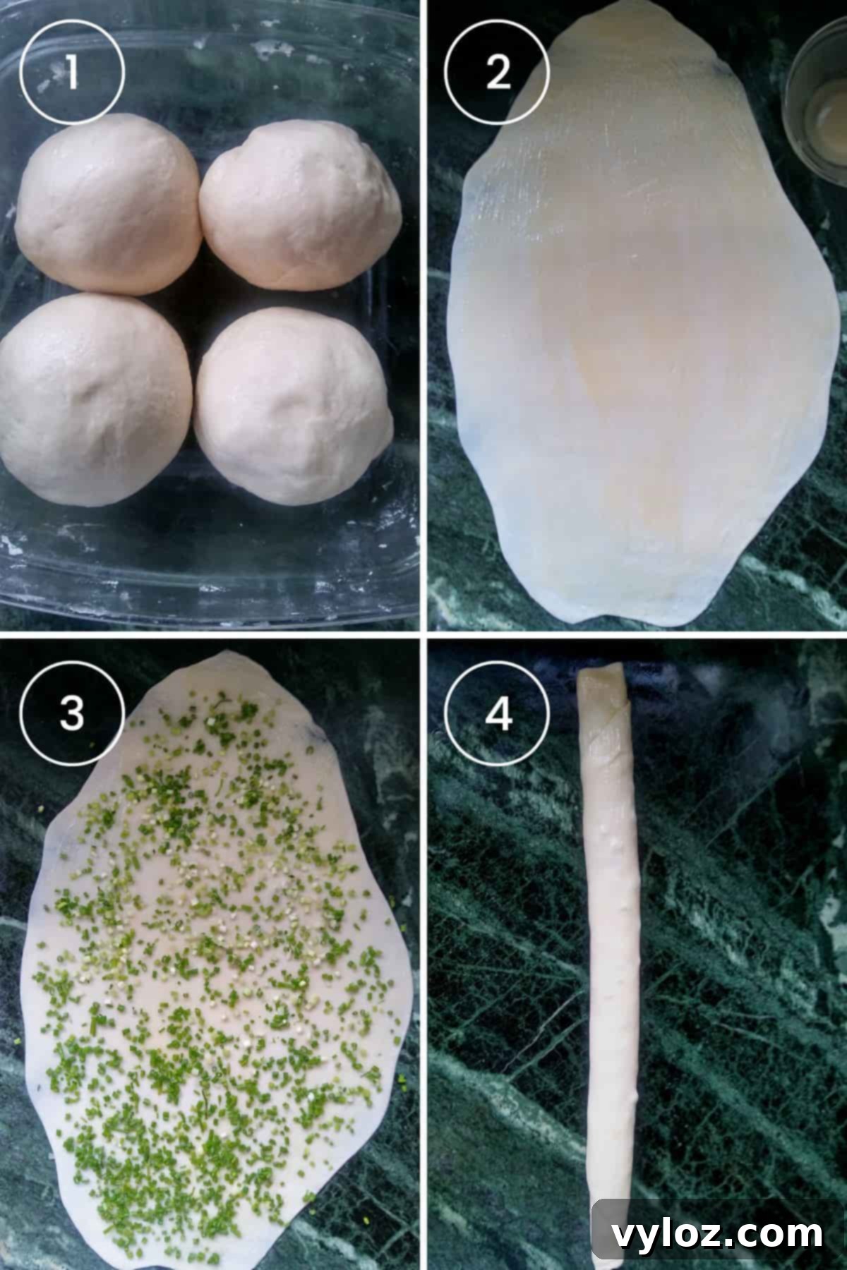 4 images showing filling, shaping, and rolling the pancakes.
