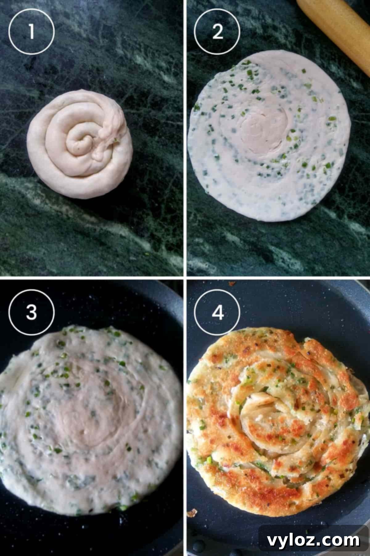 4 images showing frying the scallion pancakes until golden brown from both sides.