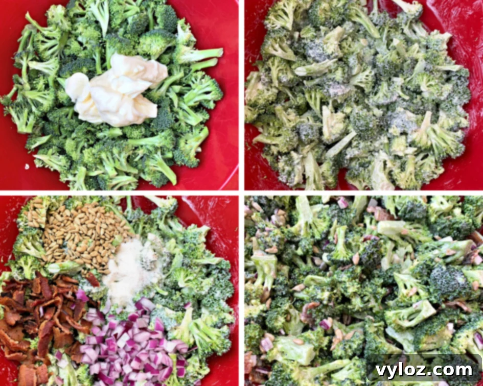 Chopped broccoli mixed with mayo, red onions, sunflower seeds, bacon, and sweetener in a red bowl